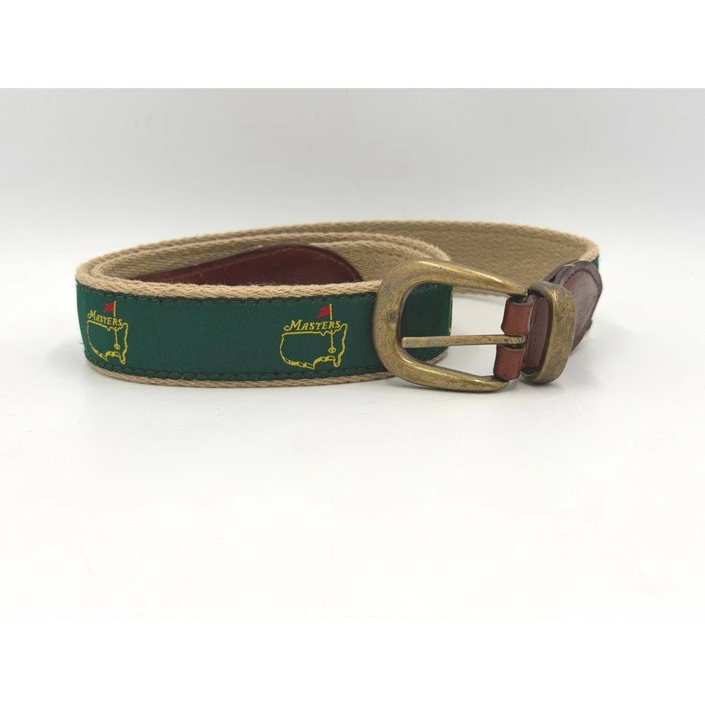 Masters Golf Belt Mens 40 Green Tan Canvas Leather Brass Buckle Augusta